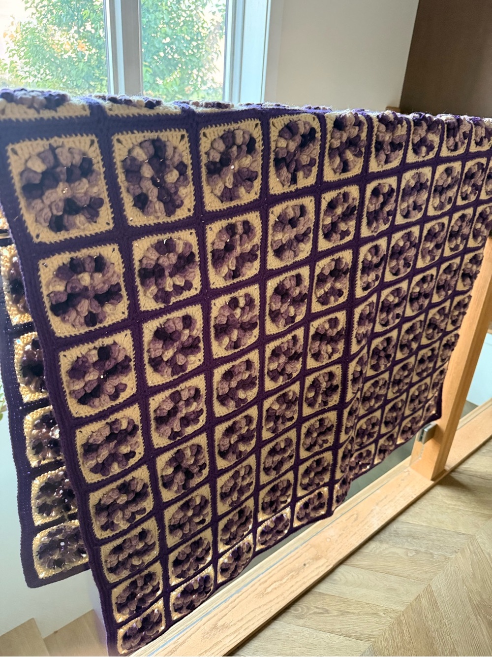 Handmade Crochet Granny Square Blanket in Purple and Cream